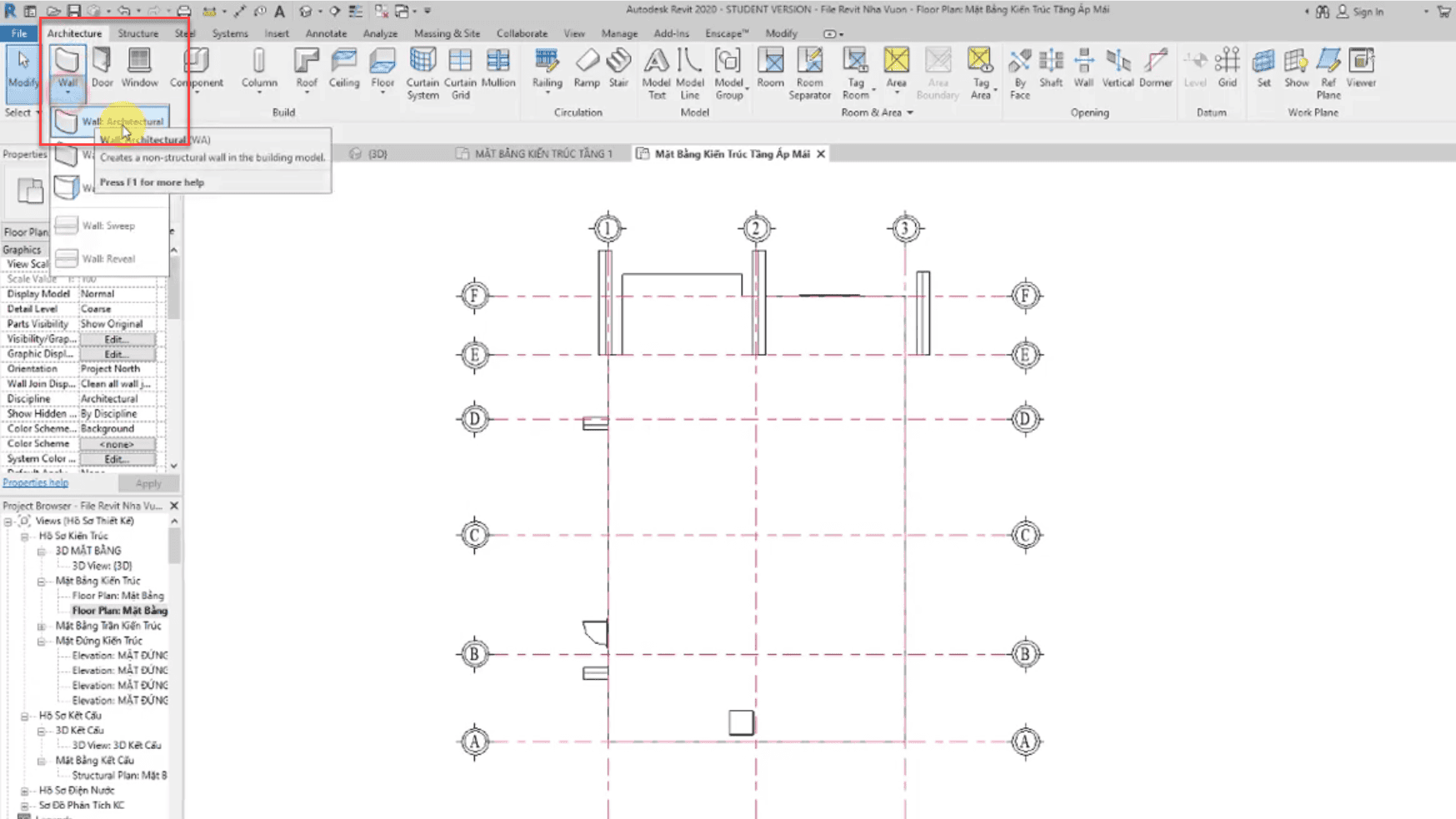 Để dựng tường thu hồi mái chéo trong Revit, vào mặt bằng tầng áp mái