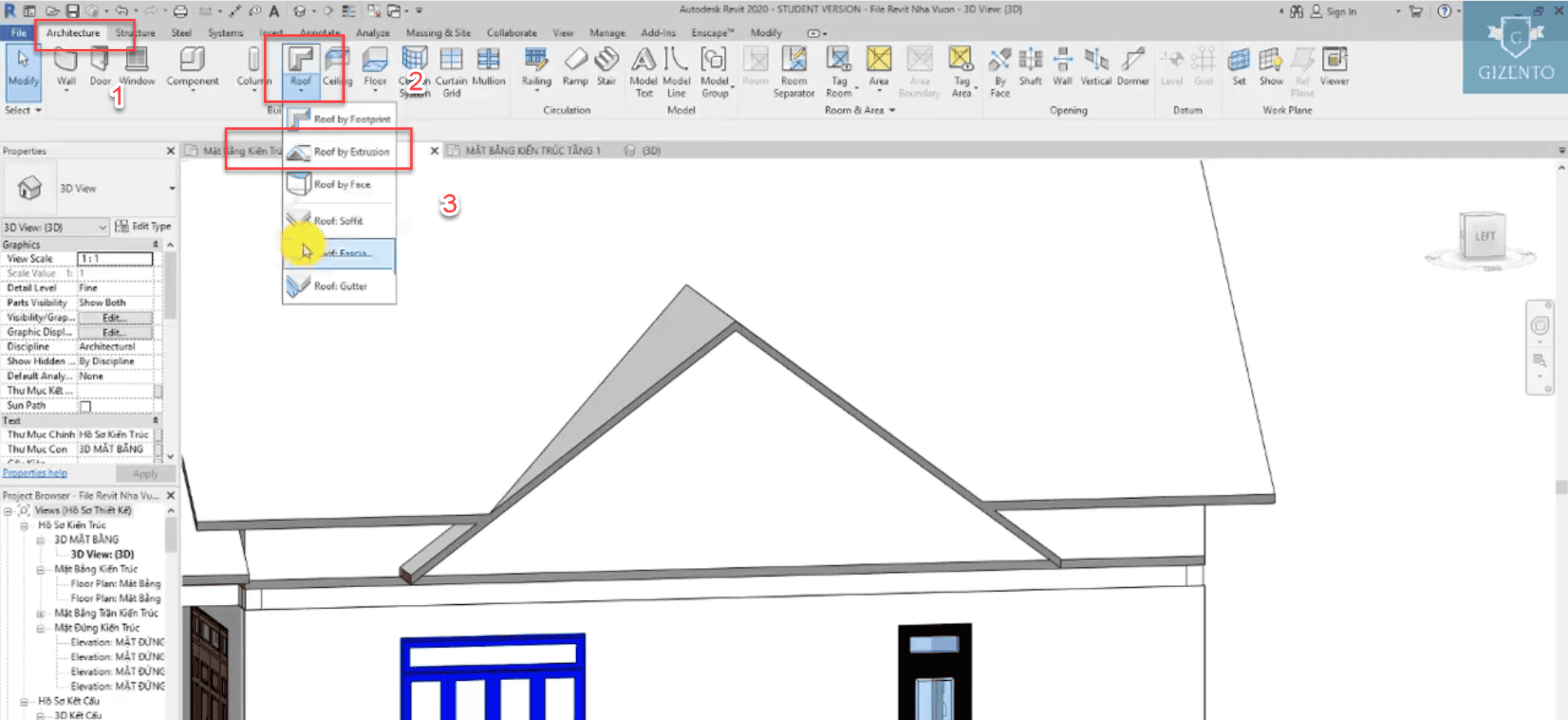 Trong giao diện 3D ta dễ dàng thực hiện dựng mái phụ trong Revit cho ban công, sảnh công trình