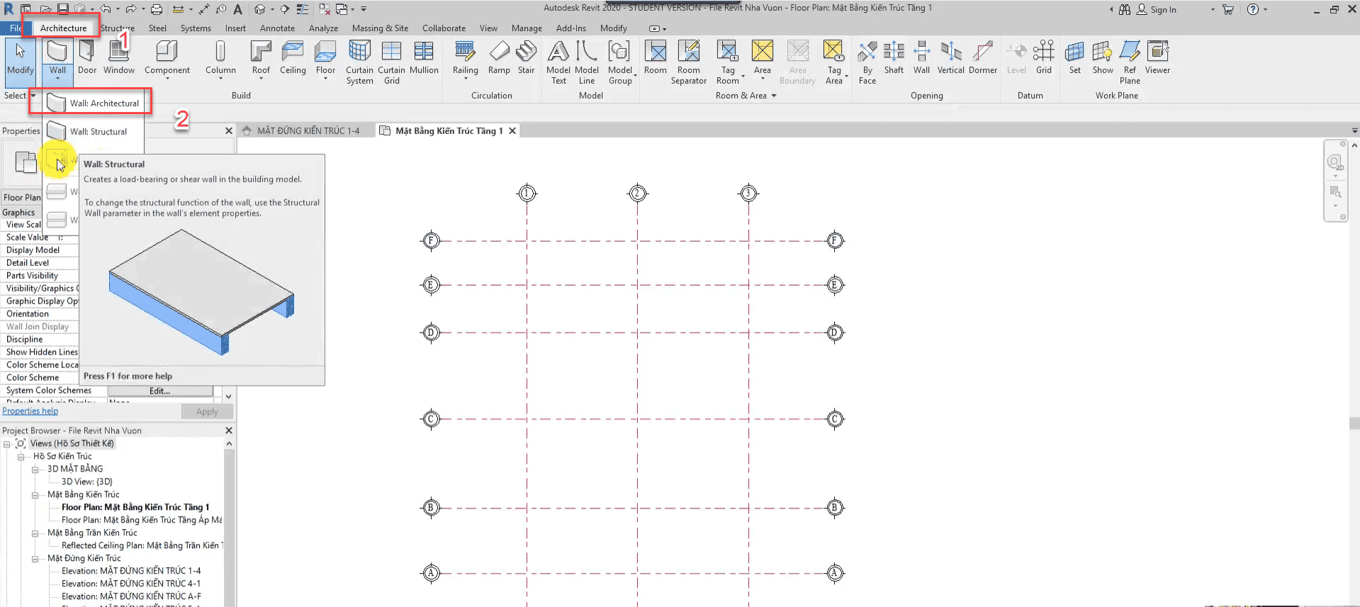 Bước 1 dựng tường kiến trúc trong Revit cho tầng 1