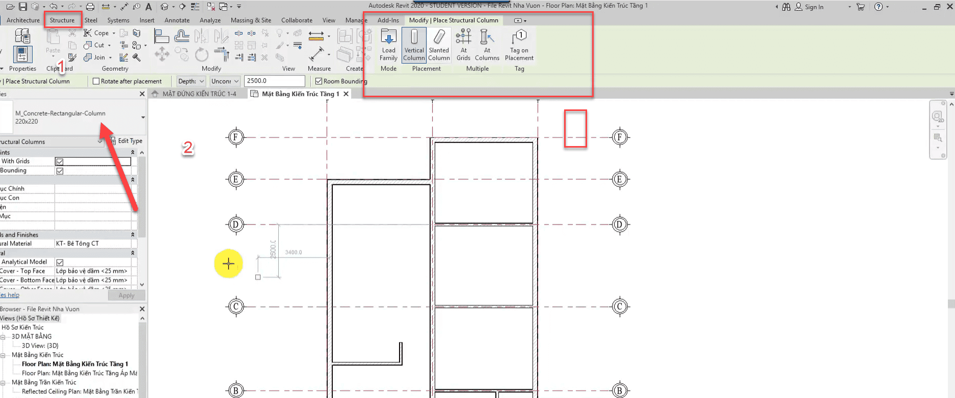 Bước đầu dựng cột kết cấu trong Revit cho công trình