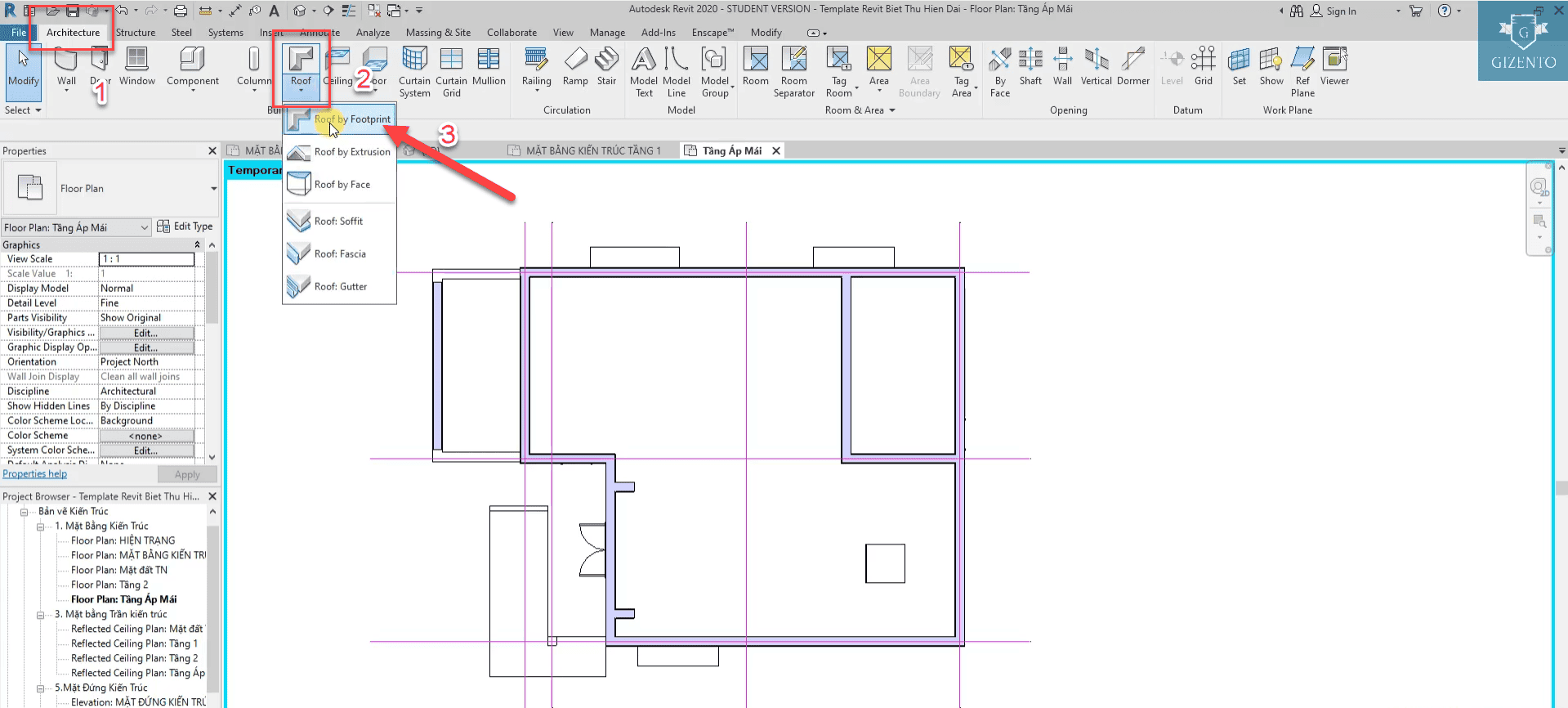 dựng mái hệ xago mạ kẽm cho phần mái biệt thự hiện đại bằng phần mềm Revit
