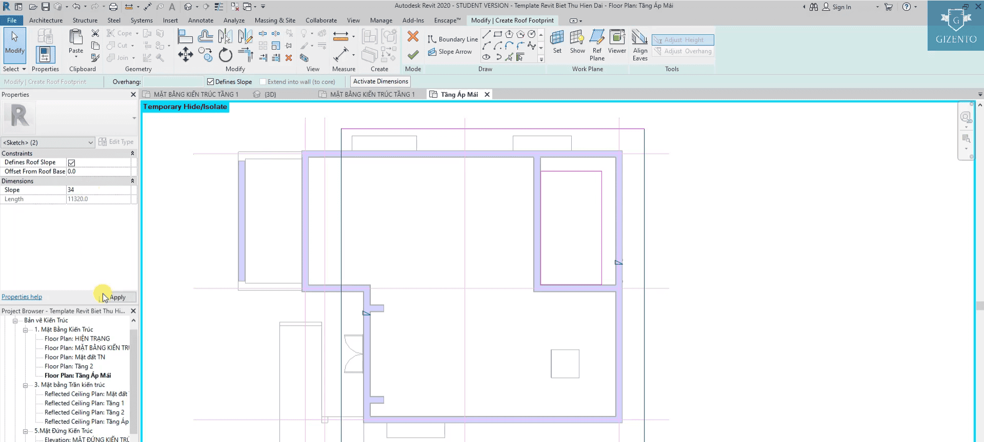 dựng mái hệ xago mạ kẽm cho phần mái biệt thự hiện đại bằng phần mềm Revit