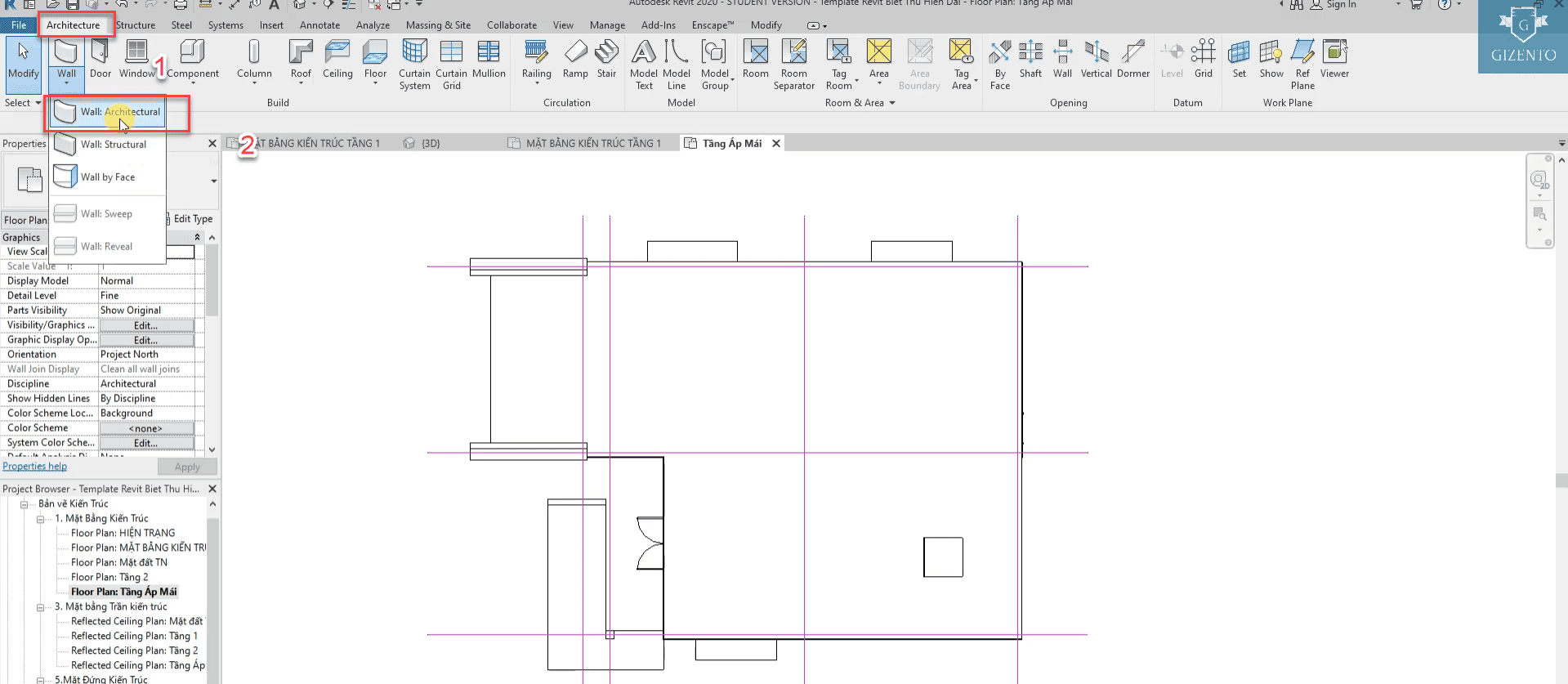 dựng tường thu hồi mái chéo cho công trình biệt thự hiện đại bằng phần mềm Revit