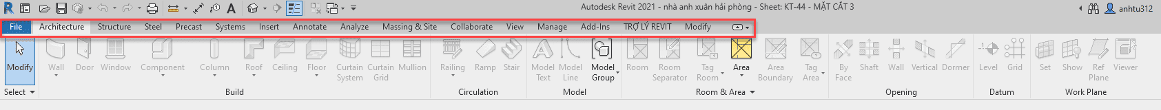 Một trong các thành phần giao diện có trong revit