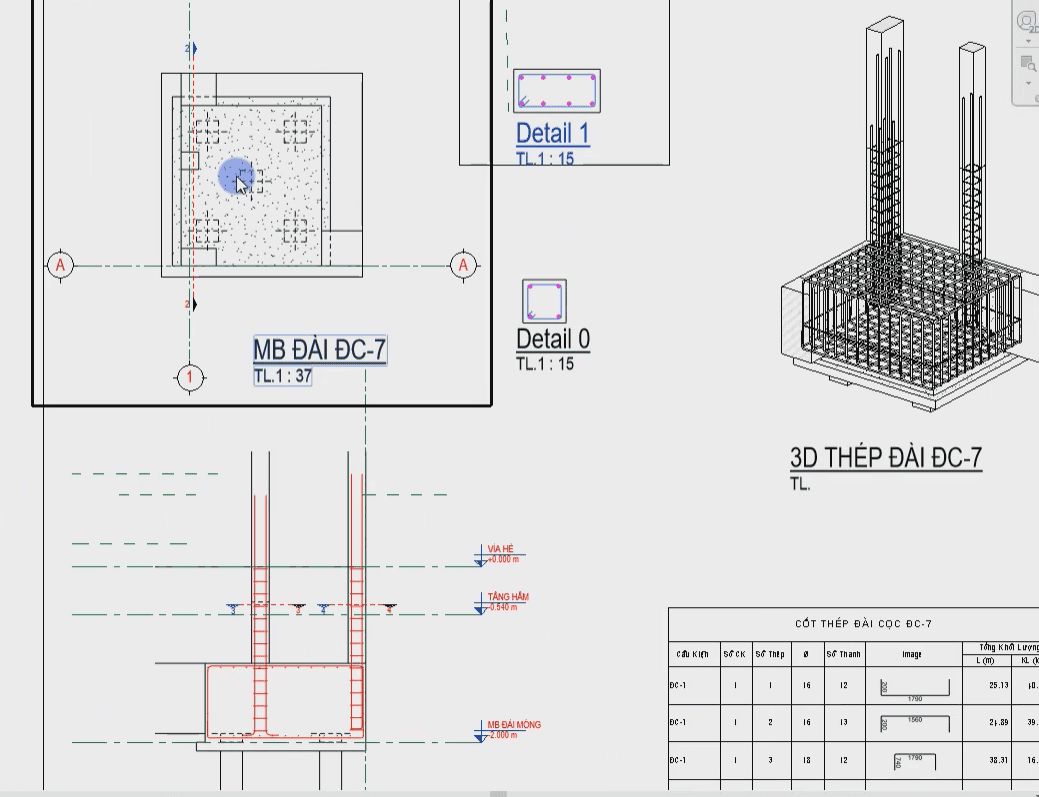 Triển khai thép đài móng DC07 trong Revit với nhiều thông số phức tạp