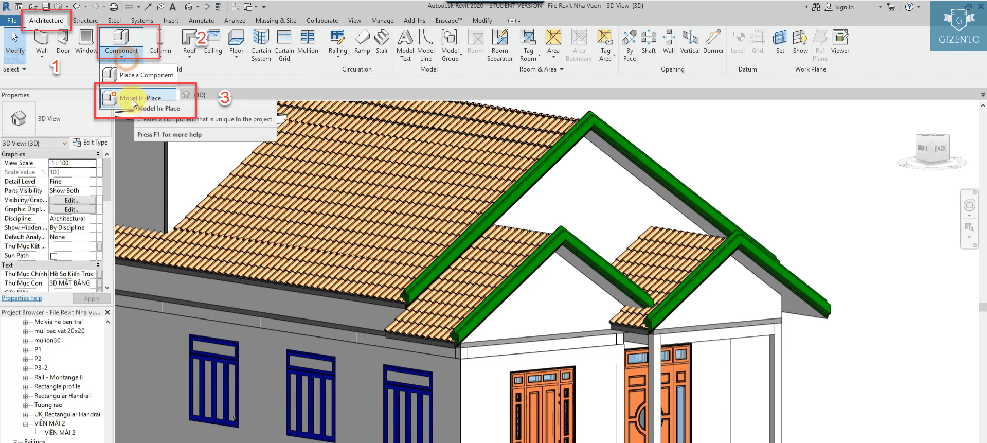 Sau khi dựng ta cần tạo gờ trang trí mái trong Revit cho công trình