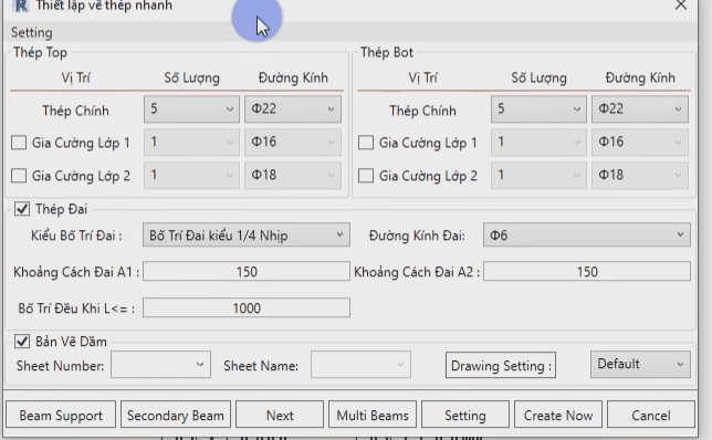 Triển khai thép giằng móng sử dụng bim speed thiết lập các thông số