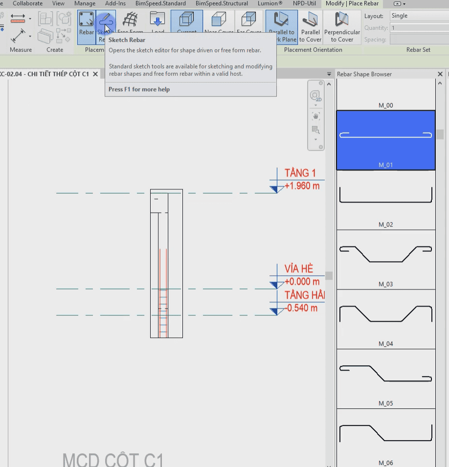 Tiến hành triển khai thép cột trong Revit