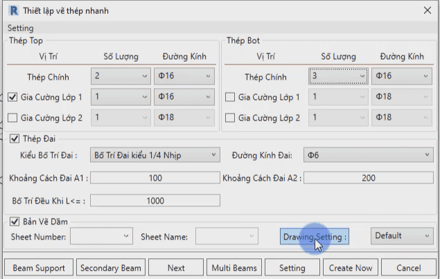 Triển khai thép dầm nhà phố D1-2 bằng tool bim speed