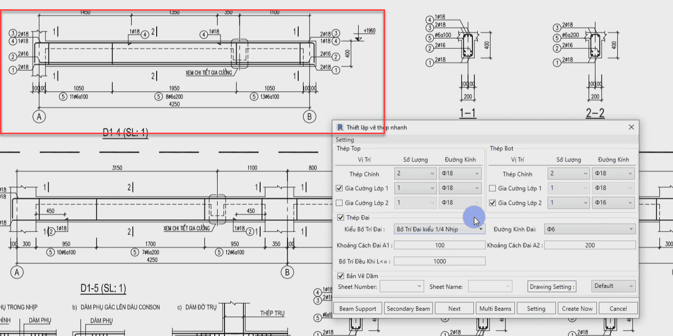 Triển khai thép dầm nhà phố bằng tool bim speed