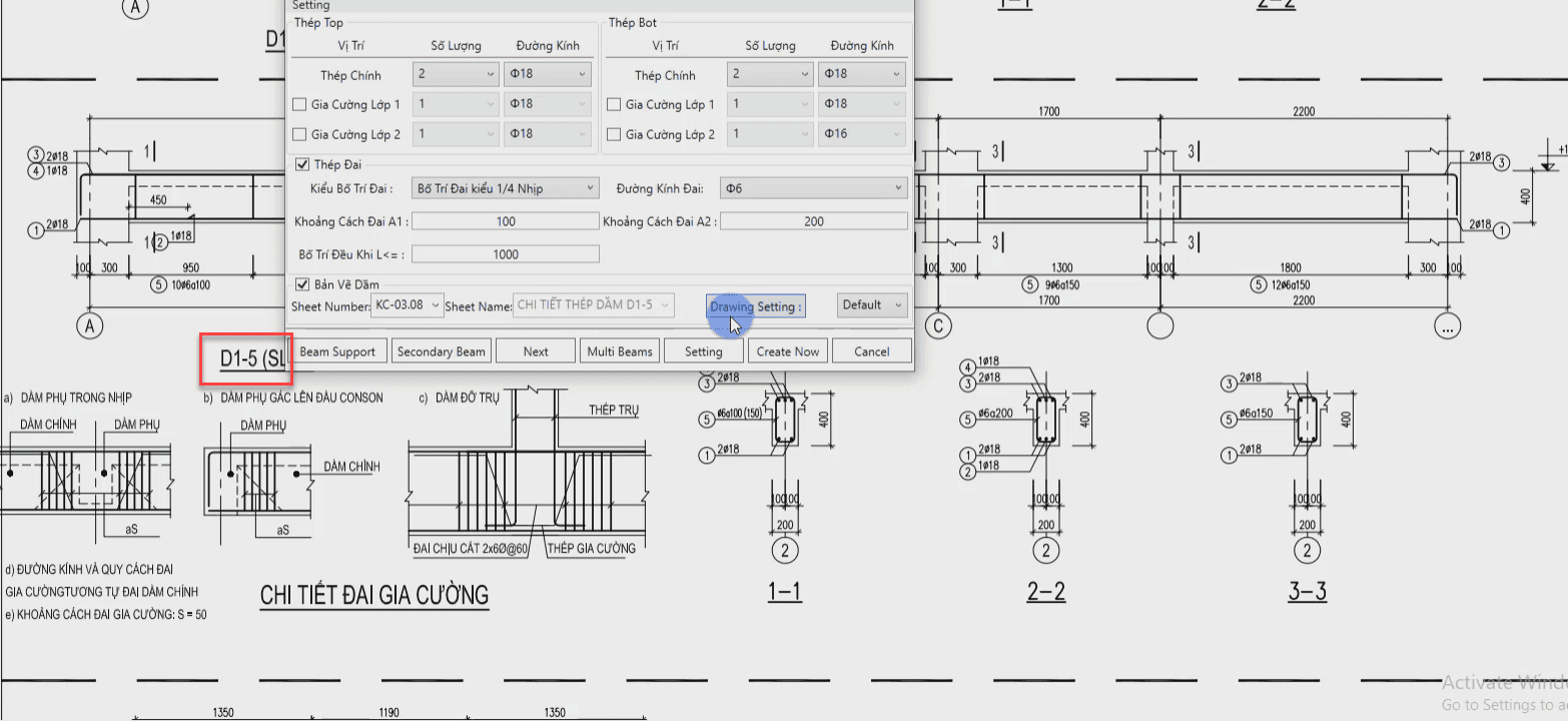 Triển khai thép dầm nhà phố D1-5 bằng tool bim speed