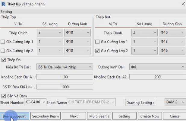 Triển khai thép dầm D2-3 công trình nhà phố bằng tool bim speed