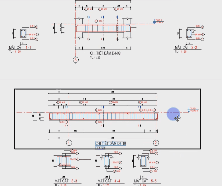 Triển khai thép dầm D4-9 D4-10 công trình nhà phố bằng tool bim speed