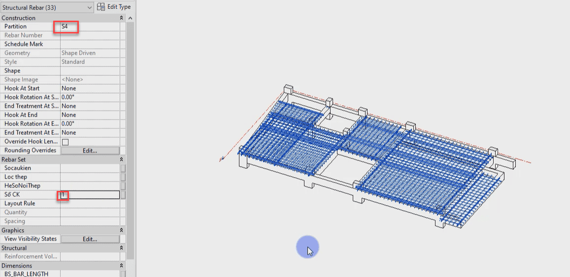 Thống kê cốt thép dầm sàn tầng 4 nhà phố trong Revit