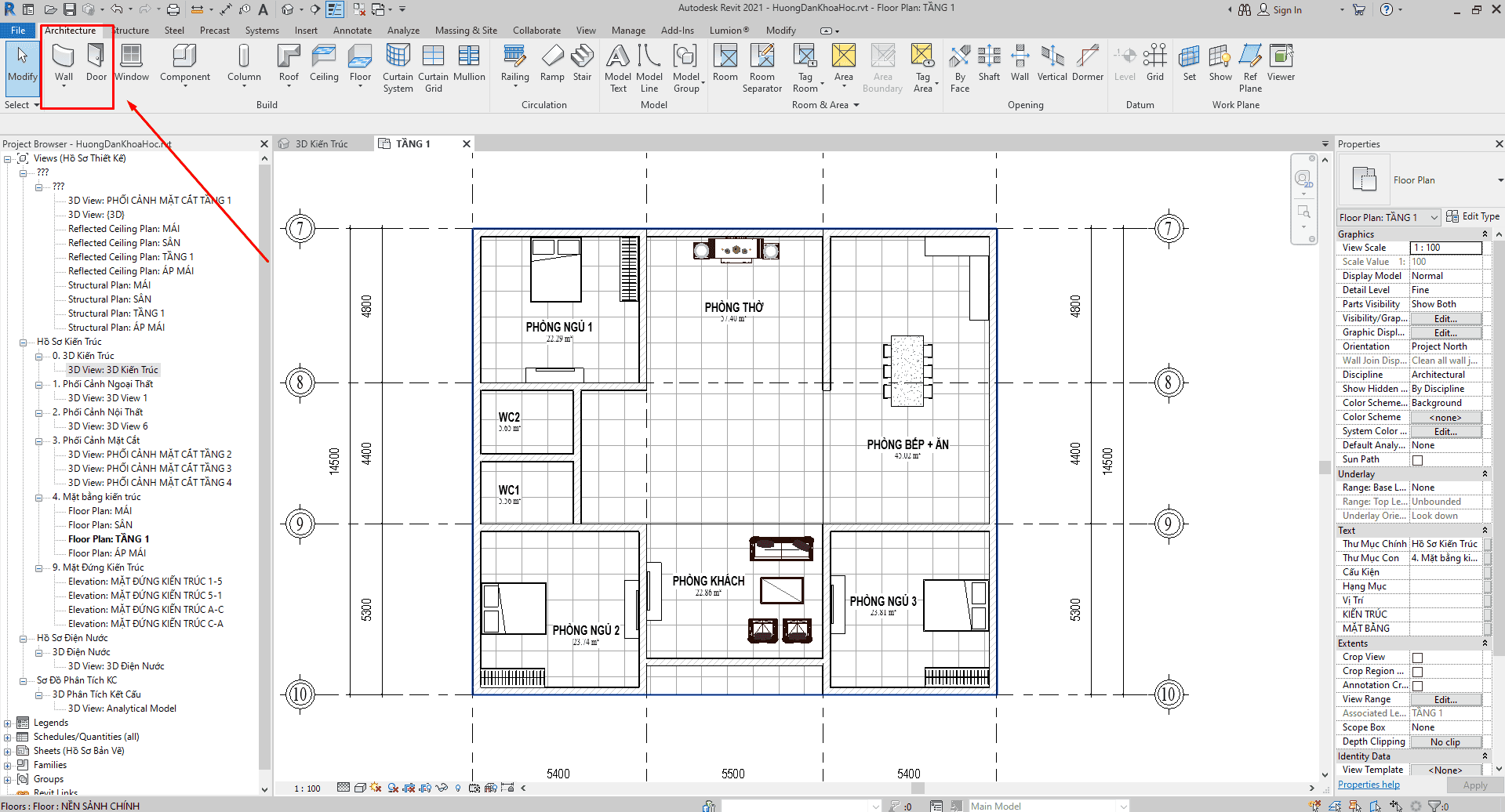 lên phương án kiến trúc tầng 1 nhà vườn trong Revit - dựng cửa