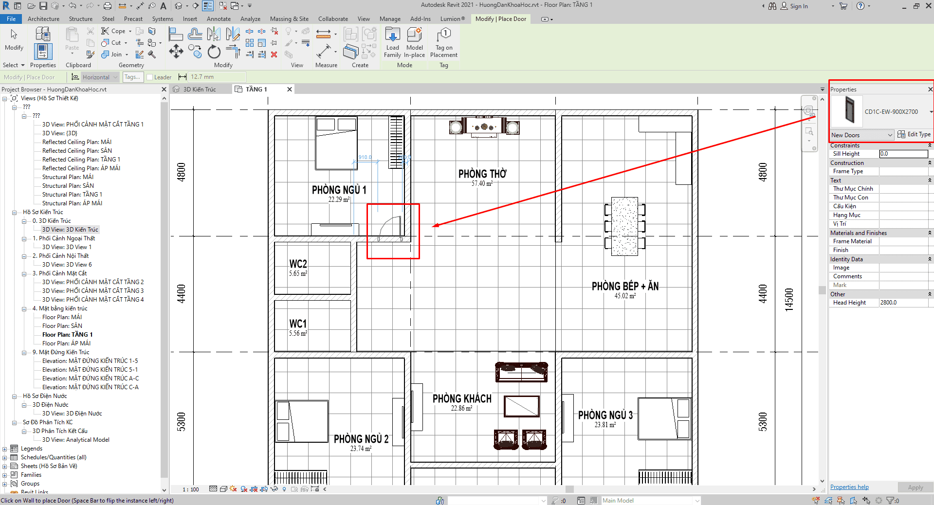 lên phương án kiến trúc tầng 1 nhà vườn trong Revit - dựng cửa phòng