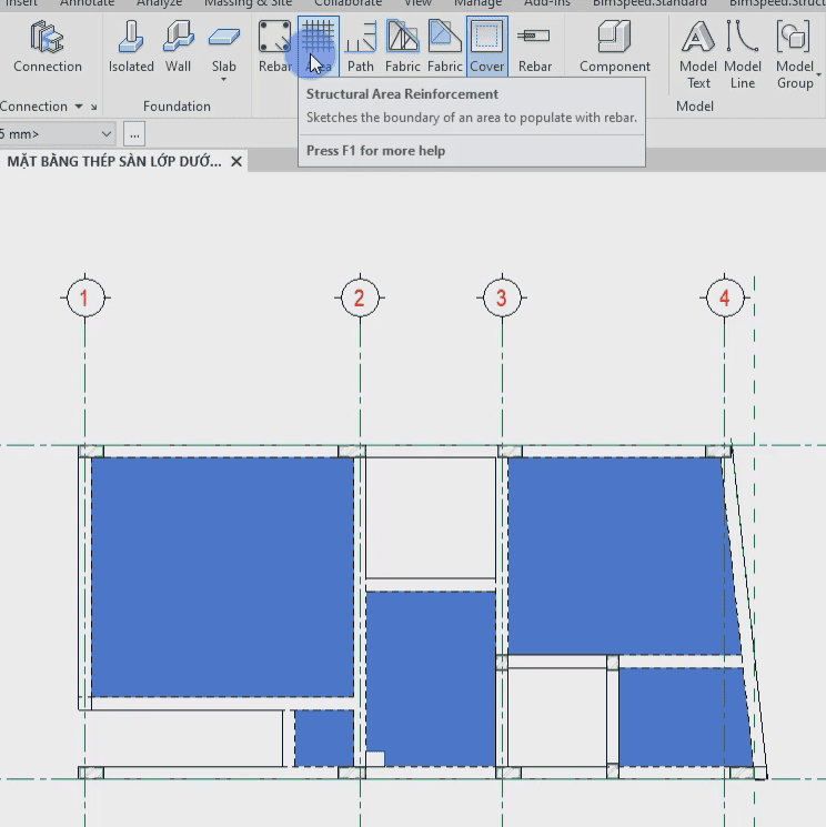 Triển khai thép sàn lớp dưới tầng 1 cho công trình nhà phố trong revit
