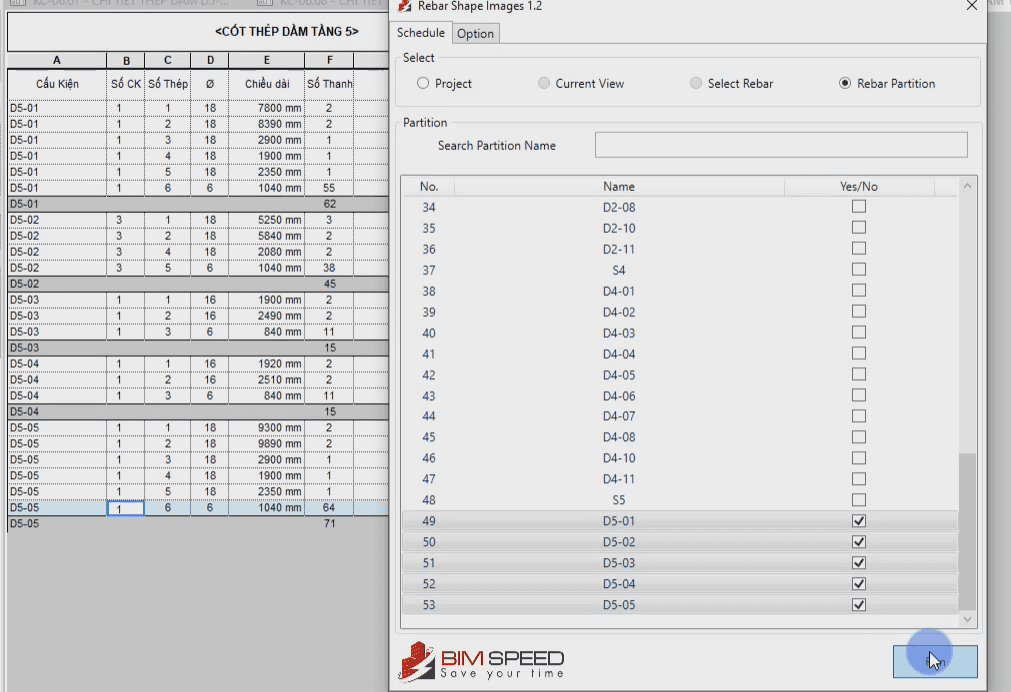 Thống kê cốt thép dầm sàn tầng 5 nhà phố trong Revit bằng tool Bim Speed